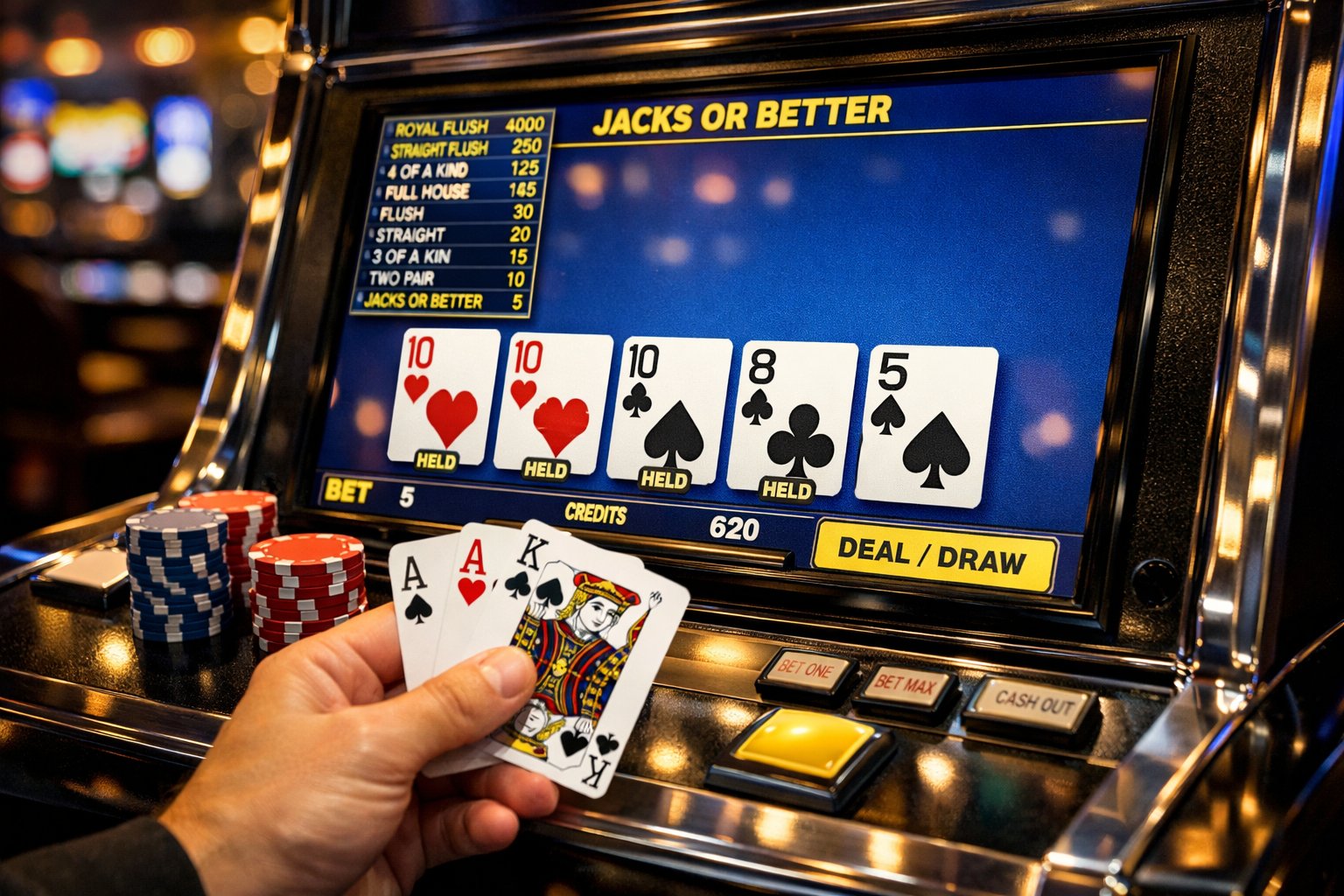 Close-up of a person holding playing cards at a video poker machine in a casino setting with poker chips nearby.