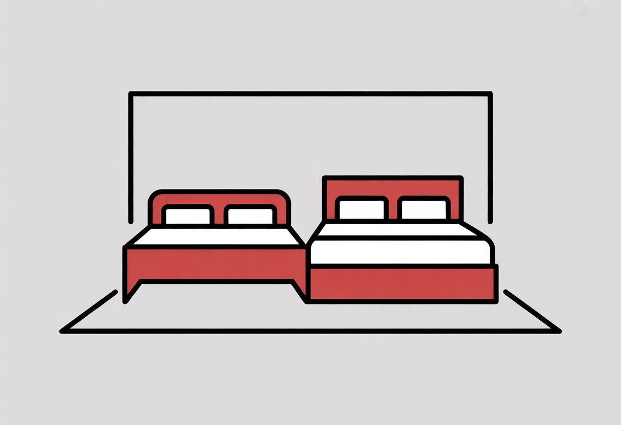 Two simple bed outlines side by side in a spacious room, showing a comparison between a full bed and a double bed.