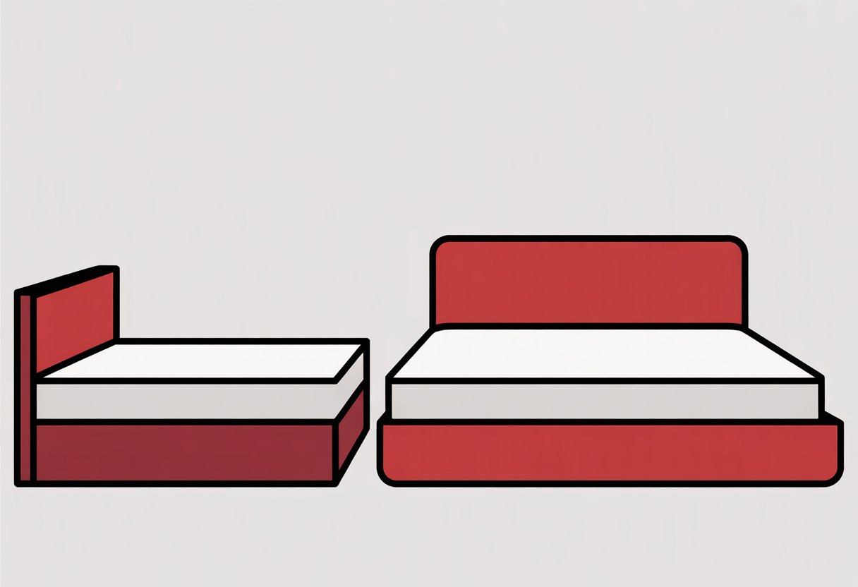Two simple mattress shapes side by side, one slightly smaller than the other, shown in red, black, and white.