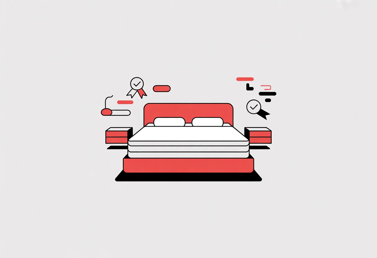 A simple illustration of a mattress on a plain background with small icons around it suggesting quality.