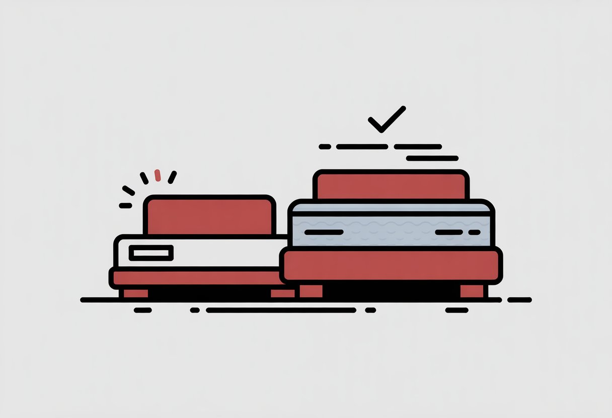 Two simplified mattresses side by side, one elevated on a platform with a star symbol above it, representing a comparison of quality.