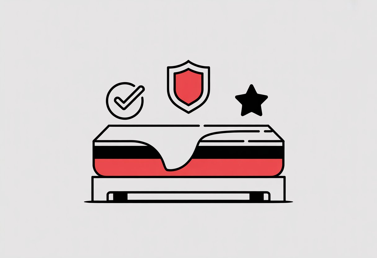 A simple illustration of a mattress divided into three layers with three symbols around it representing quality and excellence.