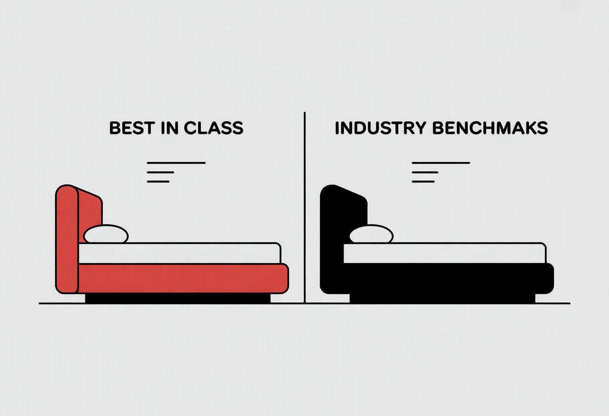 Two simplified mattresses side by side on a flat surface, one highlighted in red and the other in black, with simple graphic indicators showing a comparison between them.