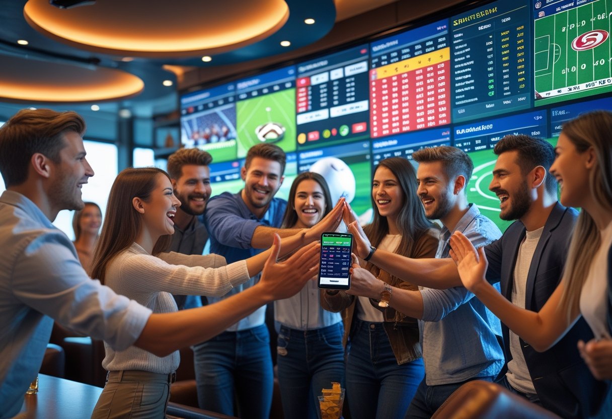 A group of diverse young adults watching sports on a large screen and using mobile devices to place bets in a modern lounge.