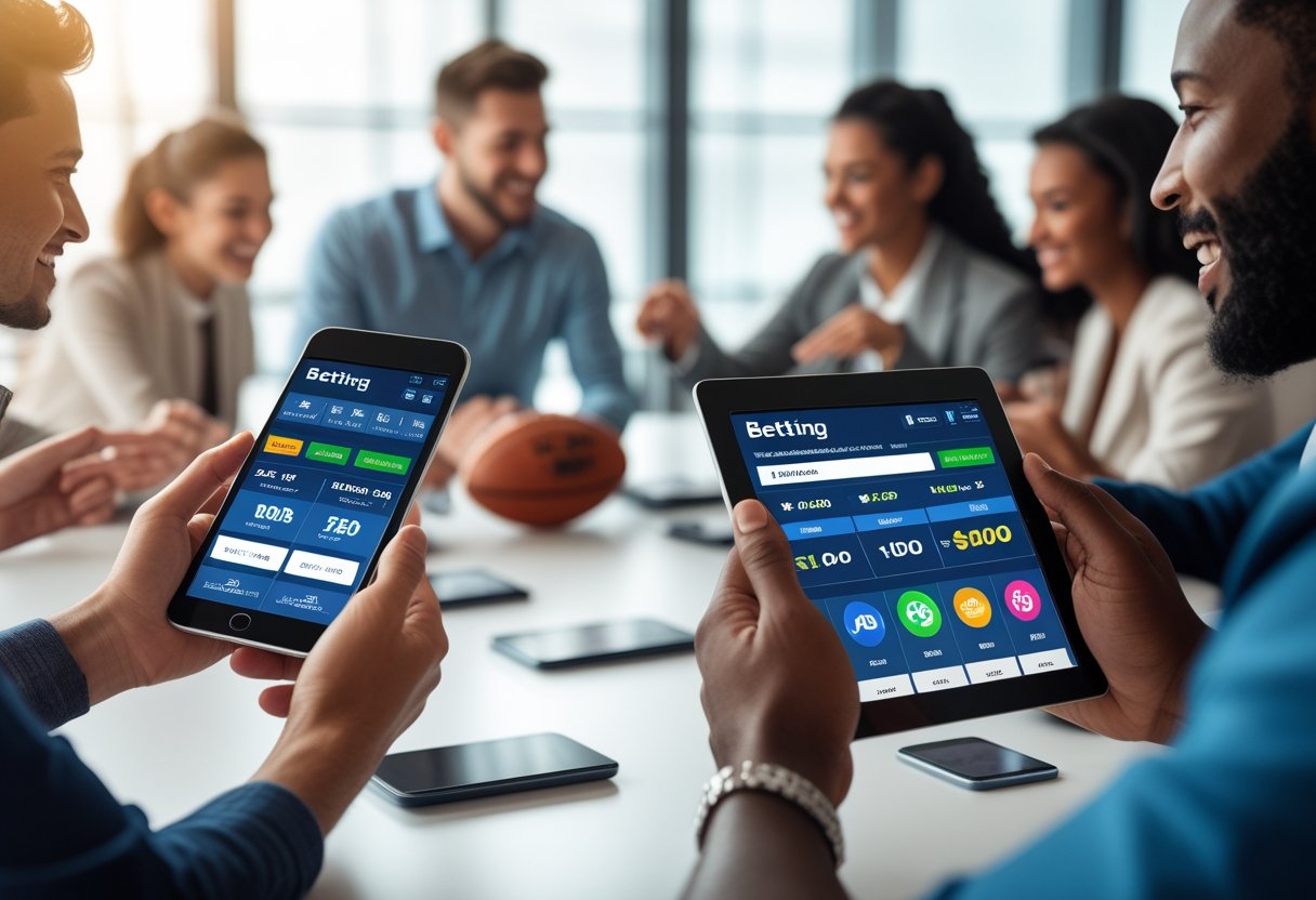 People using smartphones and tablets to place sports bets with sports icons in the background.