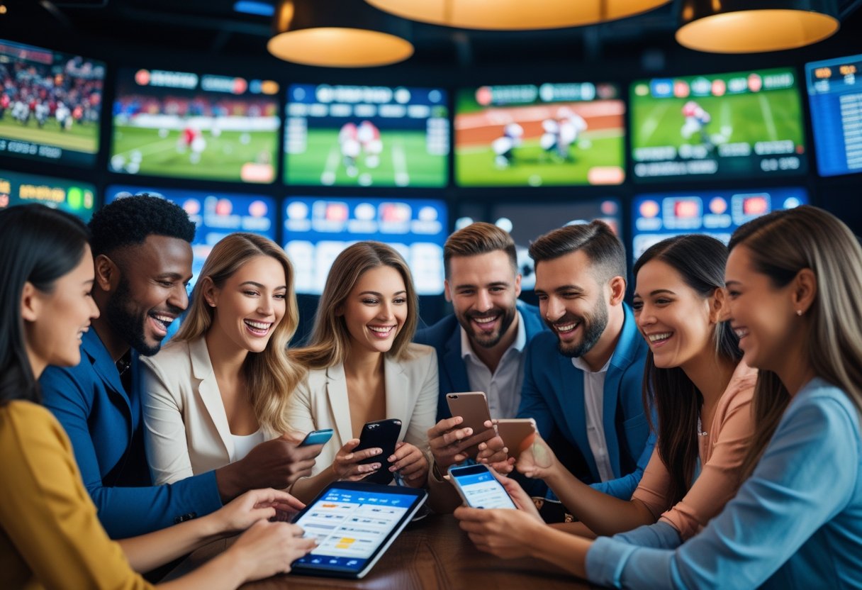 A group of people watching live sports on multiple screens in a modern sports bar, using smartphones to place bets and enjoying the atmosphere.