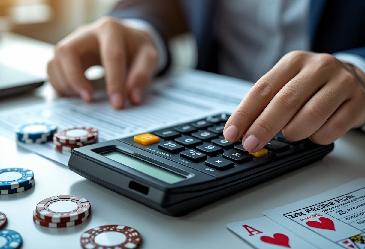 Hands using a calculator with tax forms, poker chips, and playing cards on a desk.