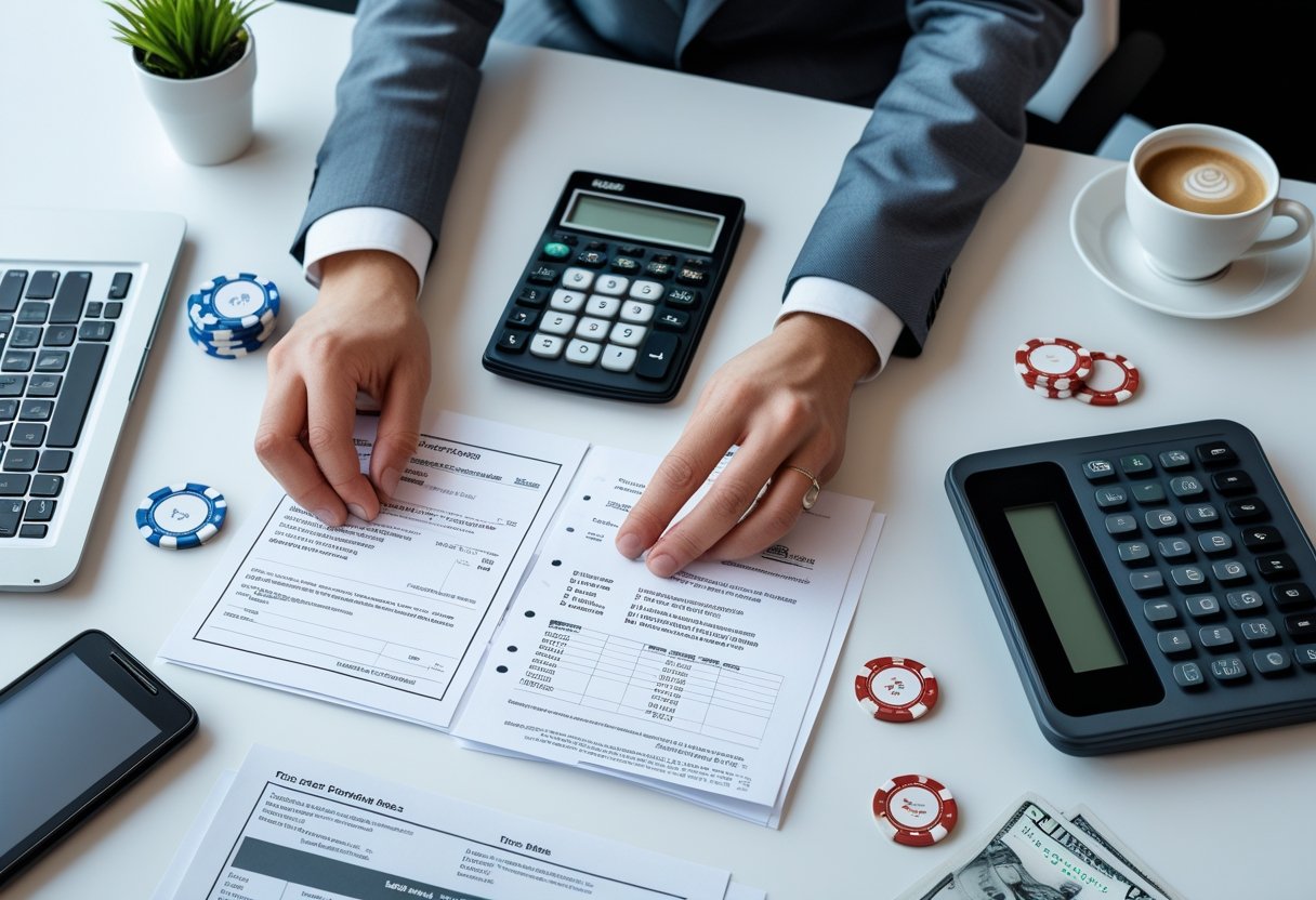 Person organizing financial documents, calculator, laptop, and gambling items on a desk while preparing taxes.