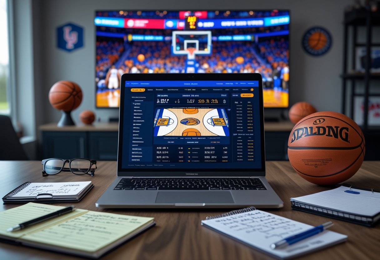 A workspace with a laptop showing basketball betting odds, a basketball, eyeglasses, and a notepad, with a live basketball game playing on a TV in the background.