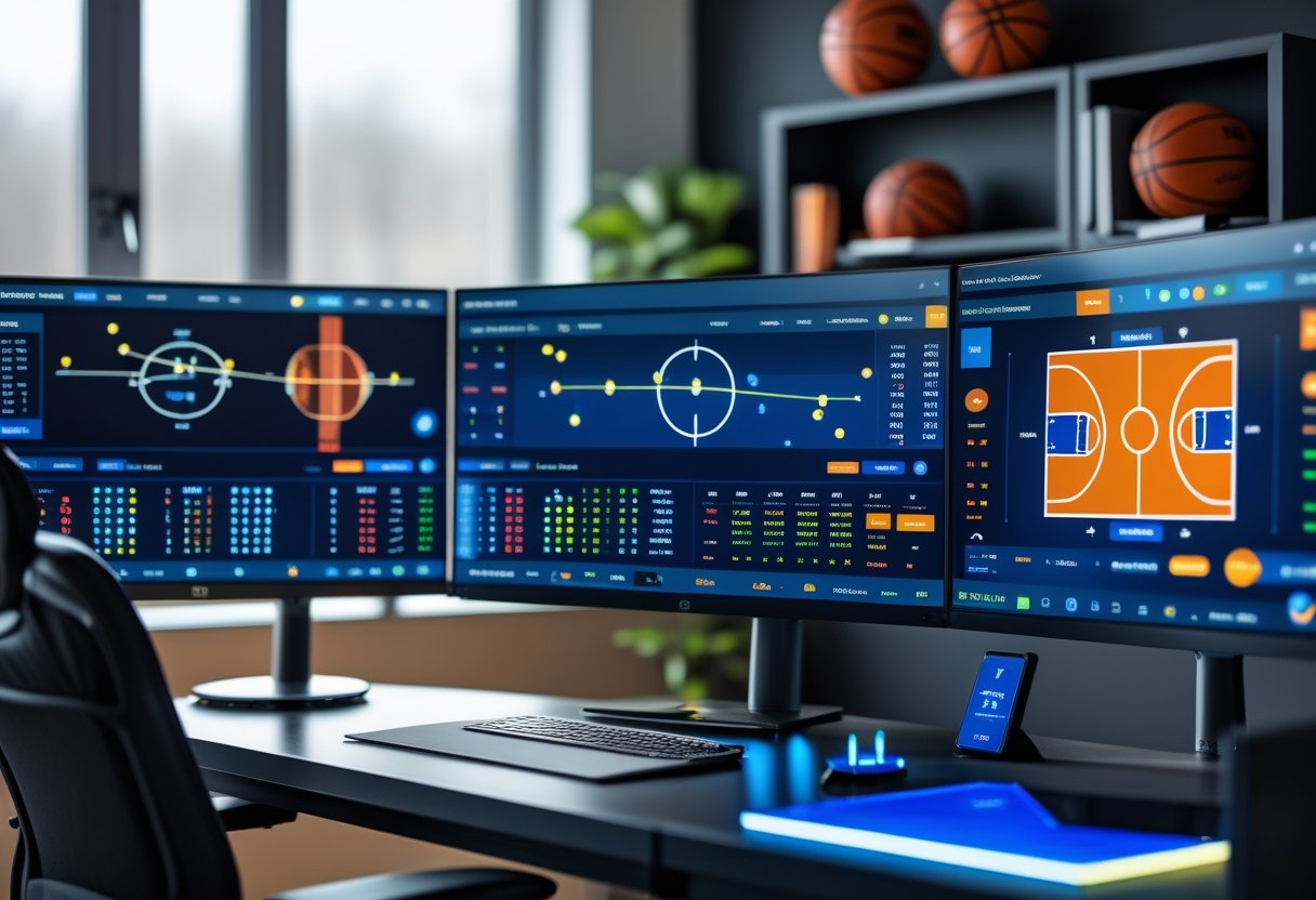 A modern workspace with multiple computer screens showing basketball statistics and betting charts, with basketball-themed decor in the background.