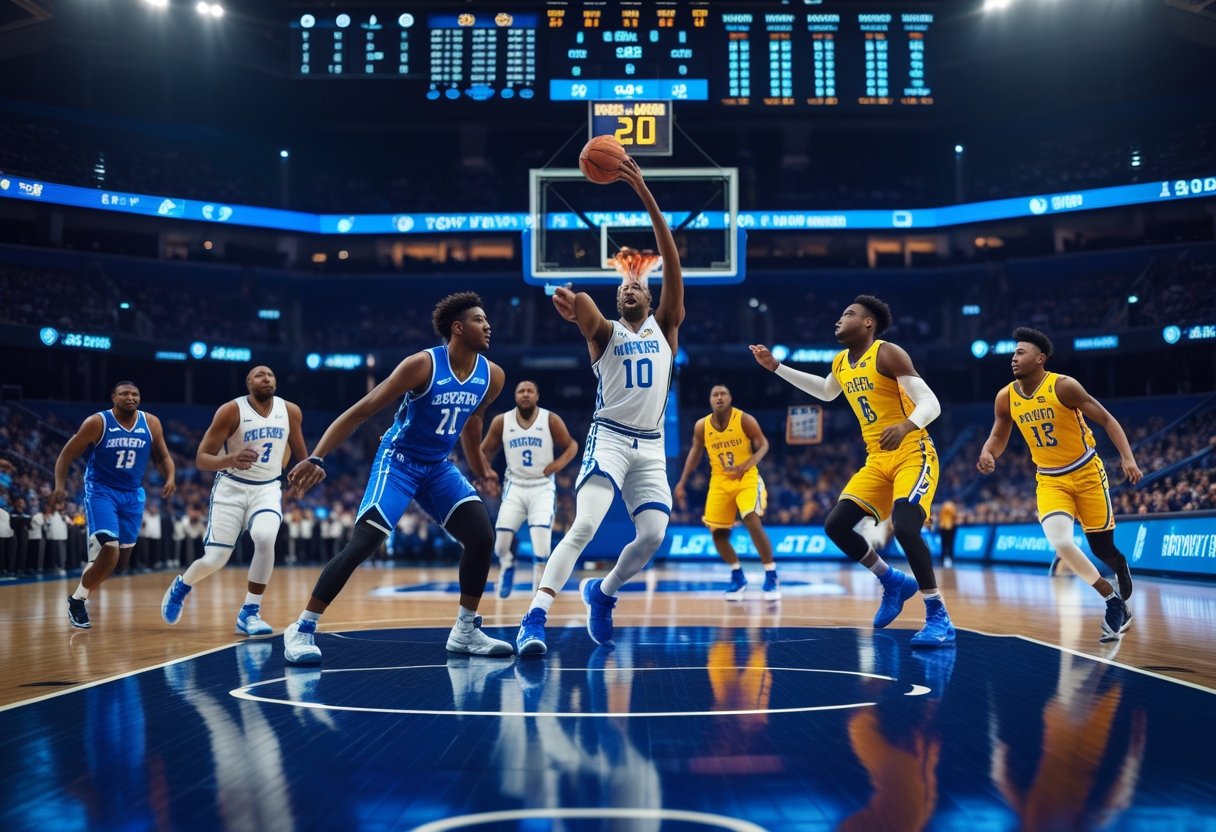 Basketball players in action on an indoor court with a crowd in the background during a competitive game.