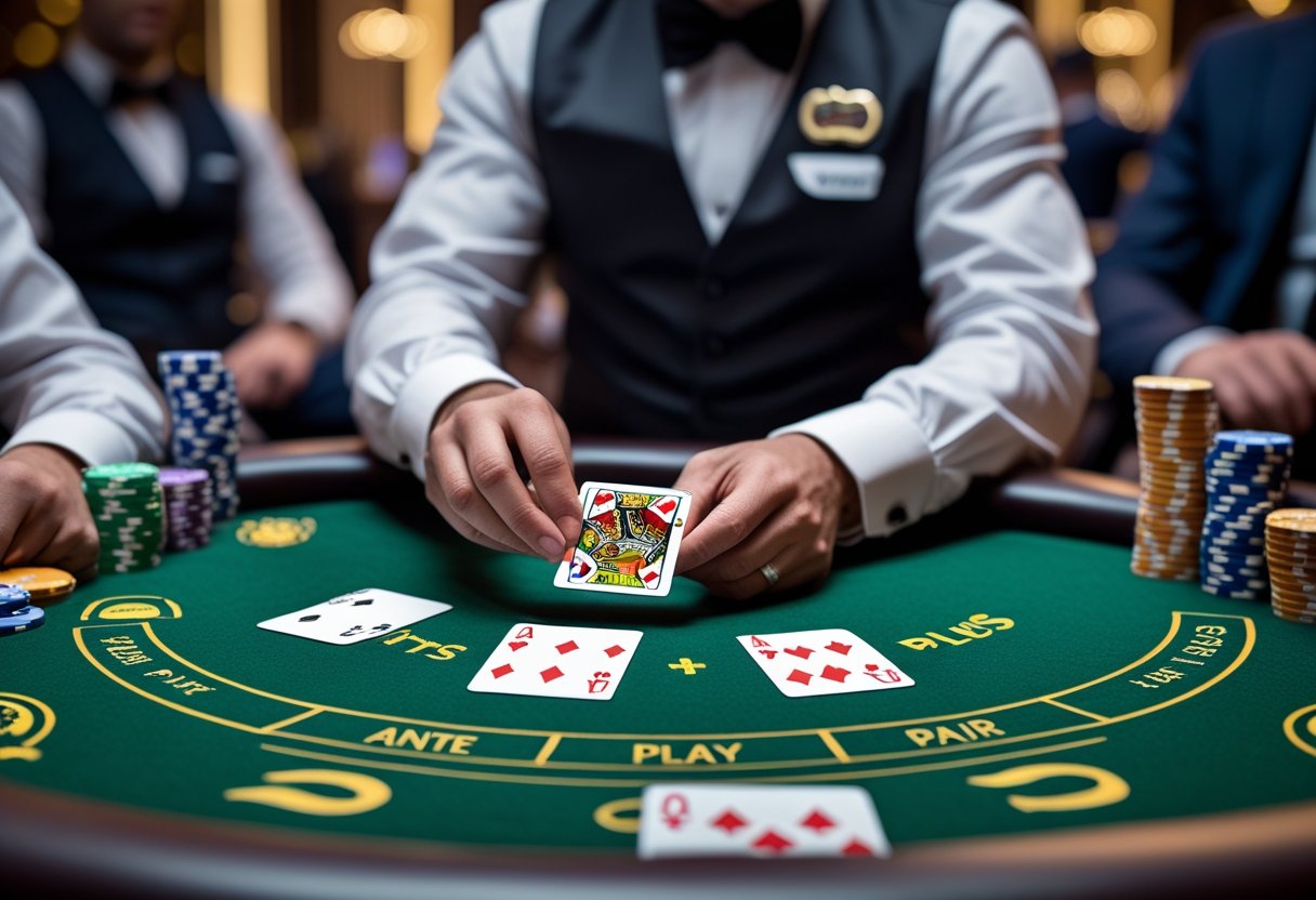 A dealer deals three cards to players seated around a casino poker table with chips and betting areas visible.