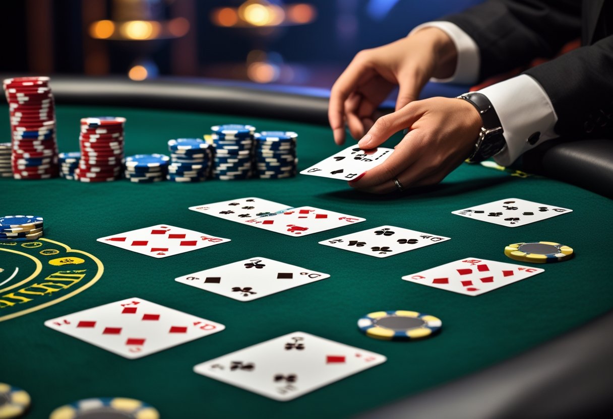 A casino table with playing cards and poker chips arranged for a game of Three Card Poker, with a dealer's hand near the cards.