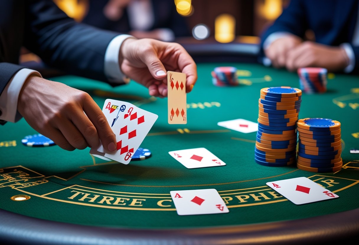 A dealer dealing three playing cards to a player at a casino poker table with poker chips and other players in the background.