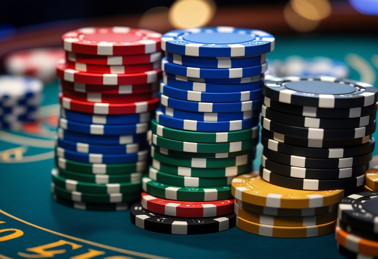 Close-up of colorful casino chips stacked on a casino table.