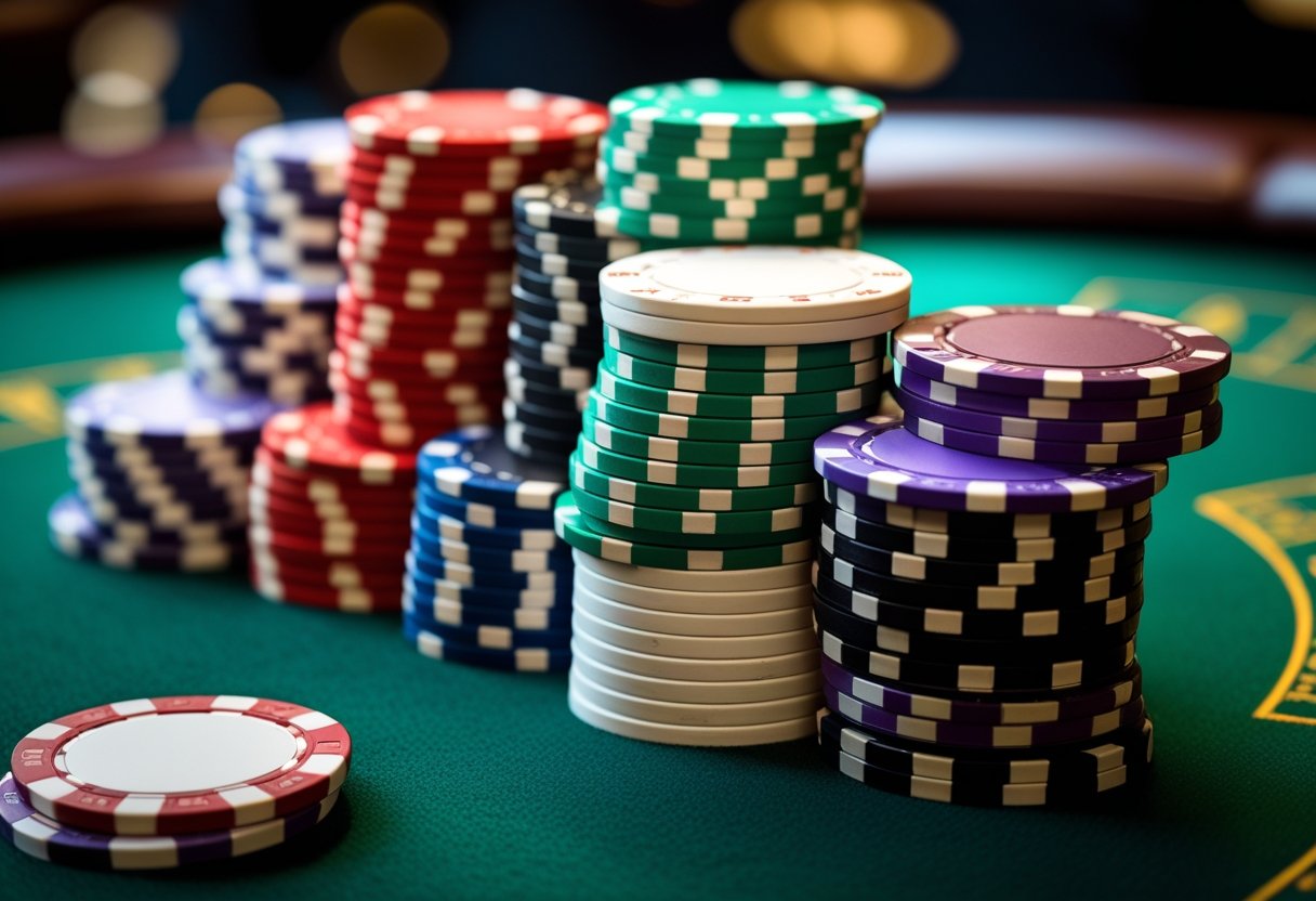 A collection of casino chips in different colors stacked on a green felt table, representing various standard values.