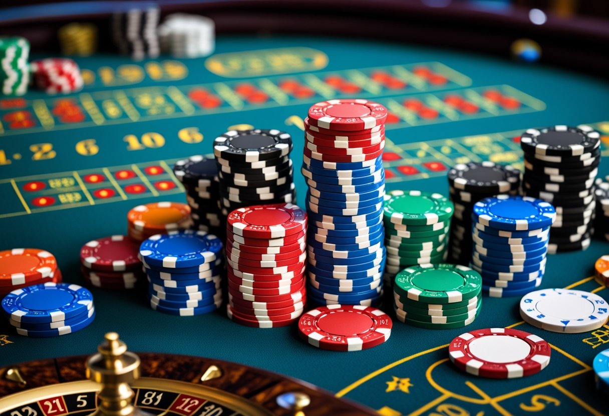 Colorful casino chips scattered across different casino tables including roulette, blackjack, and poker.