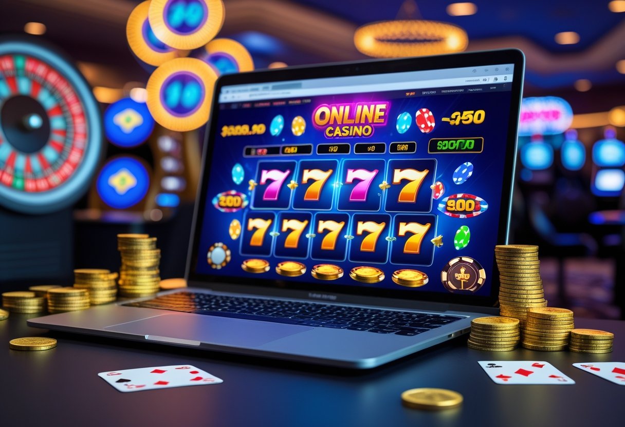 A computer screen showing an online casino game with slot machine graphics, surrounded by poker chips, coins, and playing cards on a desk.