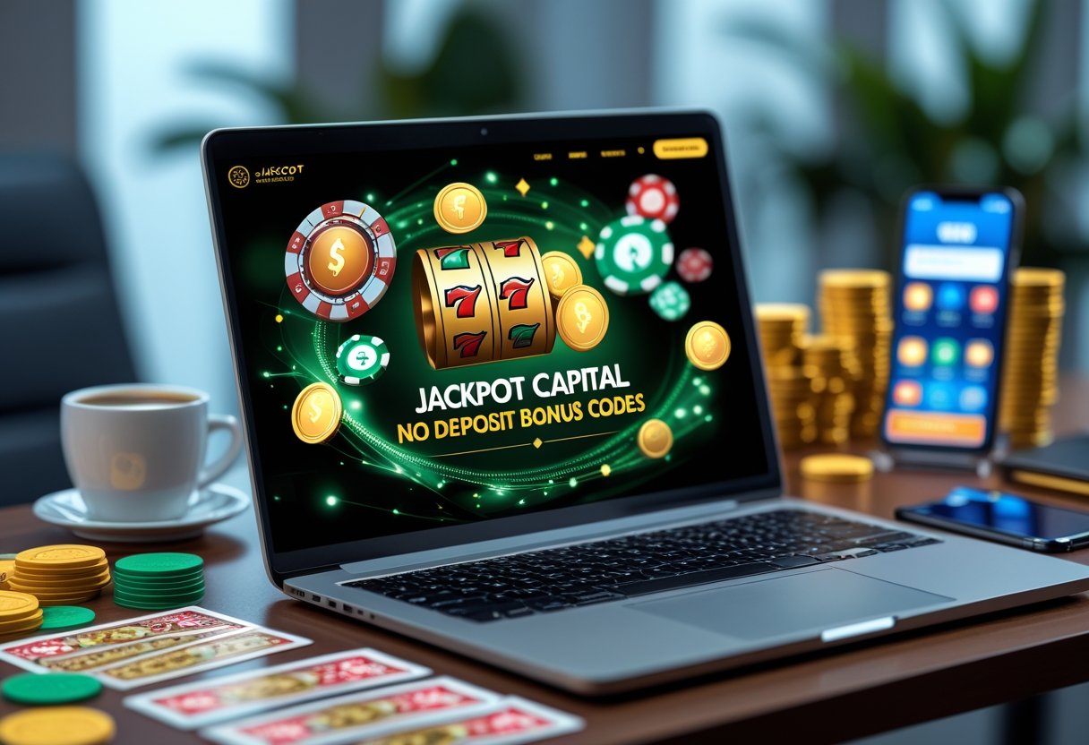 A laptop on a desk showing digital casino icons with poker chips and a smartphone nearby in a modern workspace.