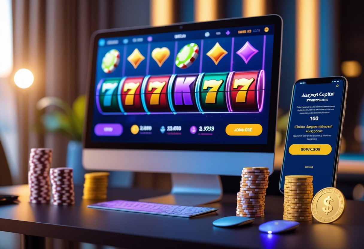 A modern workspace with a computer showing casino game icons, casino chips, a golden coin, and a smartphone displaying a bonus notification.