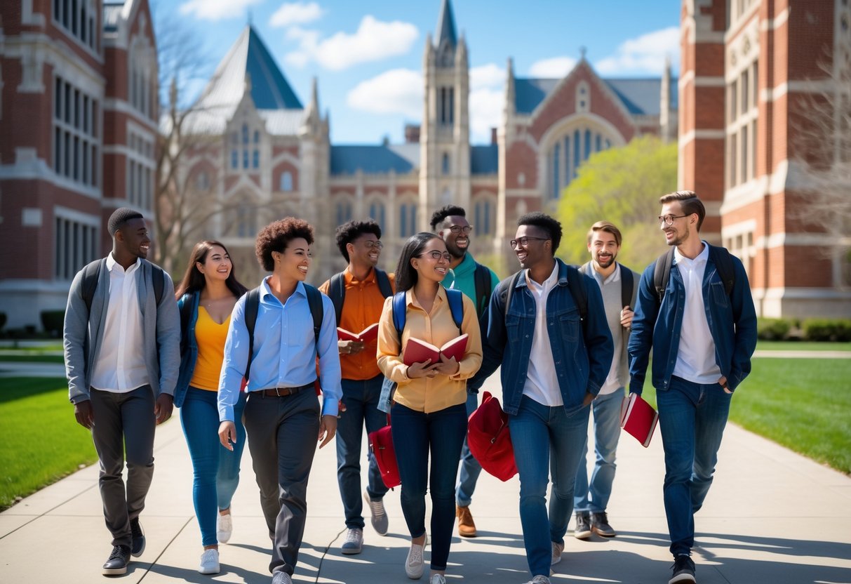 A group of diverse university students walking and talking on a sunny college campus with historic buildings in the background.