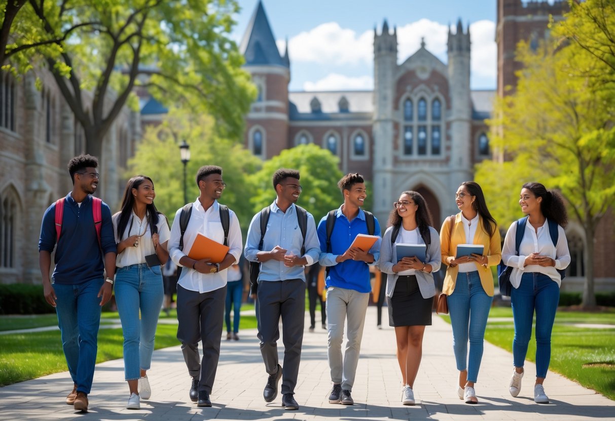 A group of diverse young adults walking and talking on a university campus with gothic-style buildings and trees in the background.
