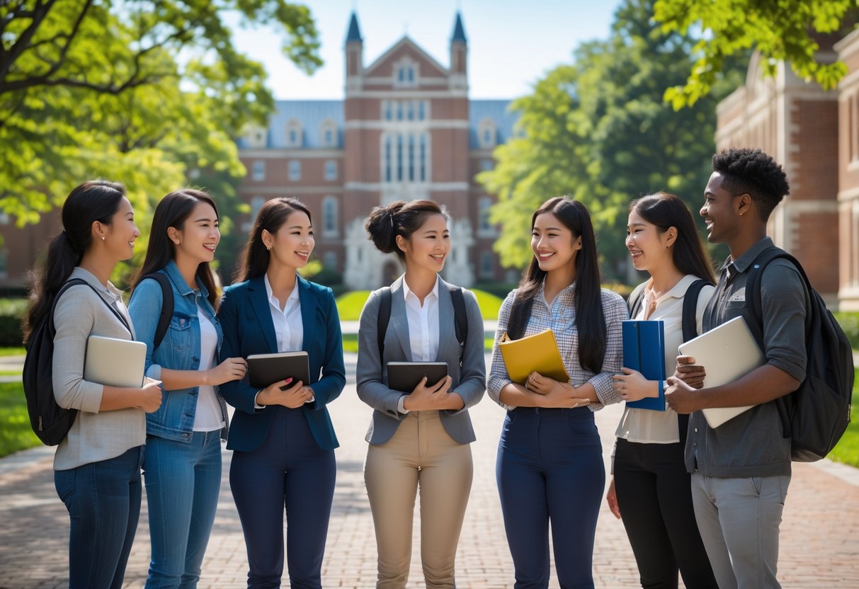 A group of diverse students standing and talking on a university campus with Duke University buildings in the background.