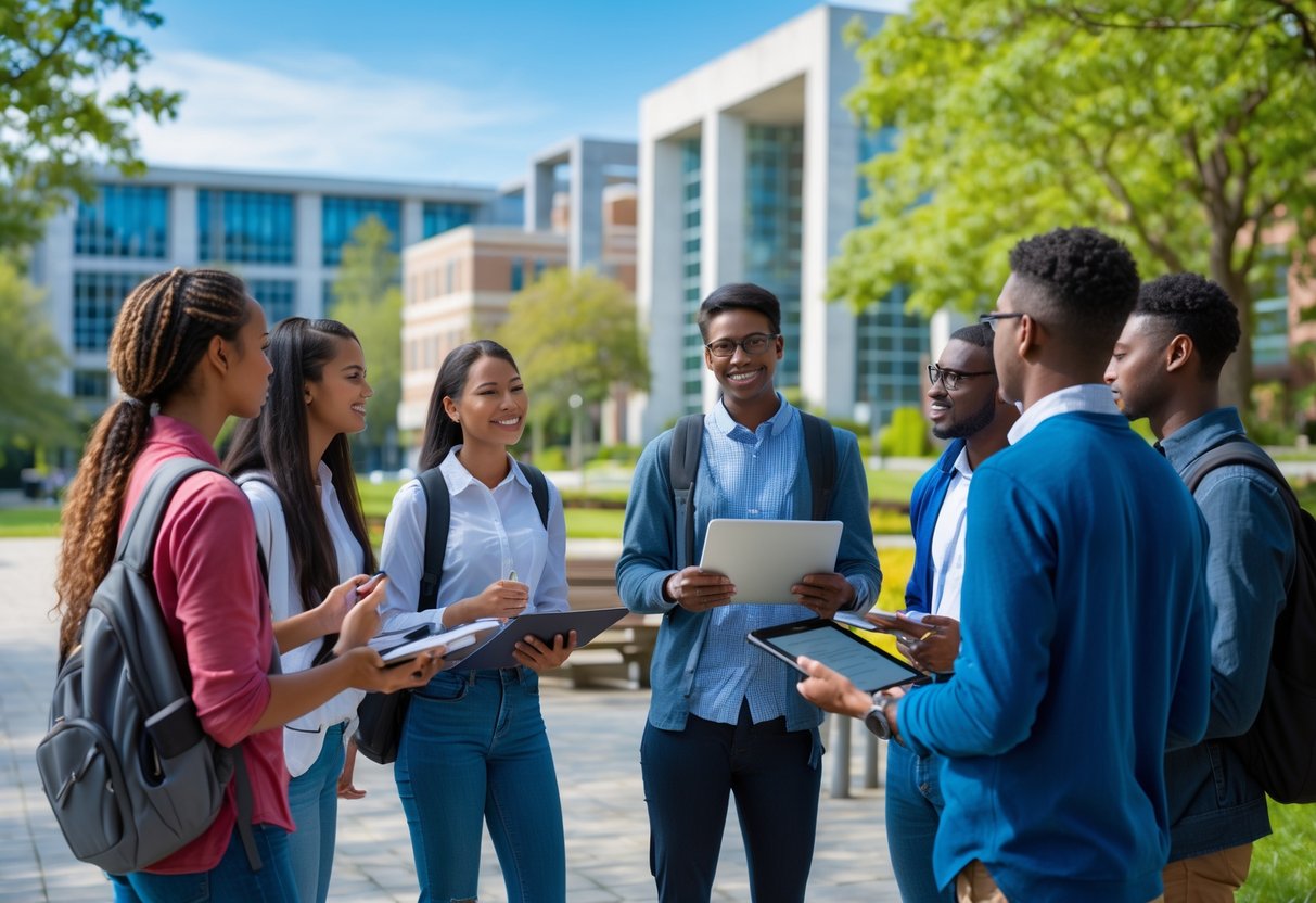 A group of diverse university students discussing ideas together outdoors on a campus with academic buildings and greenery in the background.