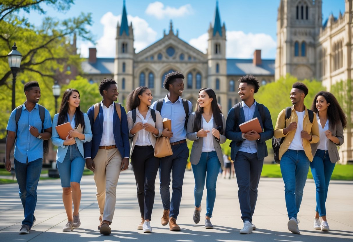 A group of diverse college students walking together on a university campus with historic buildings and trees in the background.