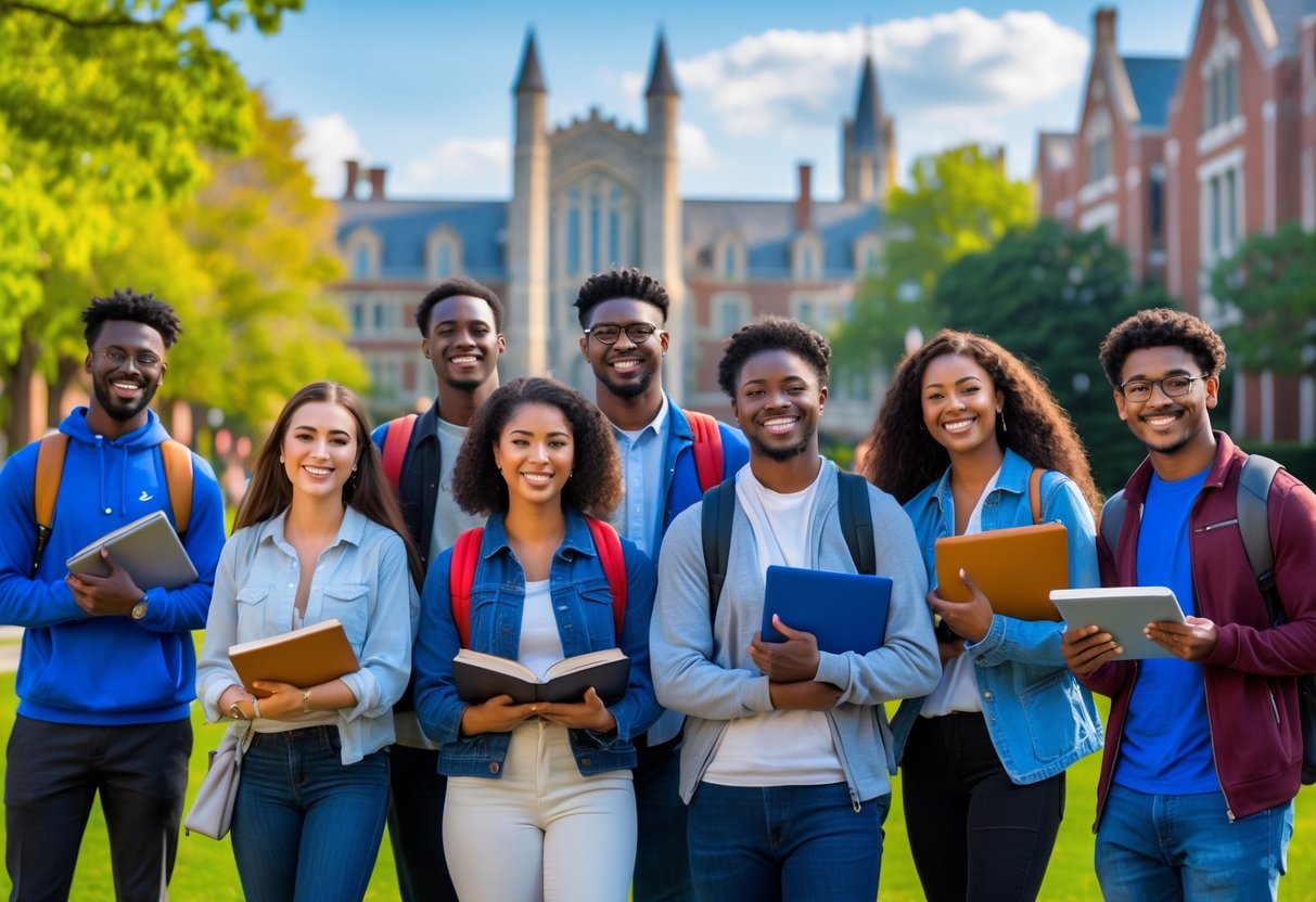 A group of diverse college students studying together outdoors on Duke University campus with historic buildings and green lawns in the background.