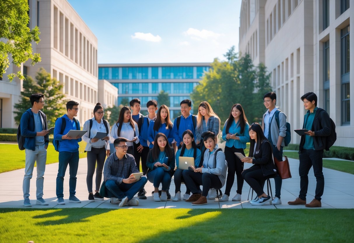 A group of diverse young students studying and talking outside a university campus with modern buildings and green lawns.
