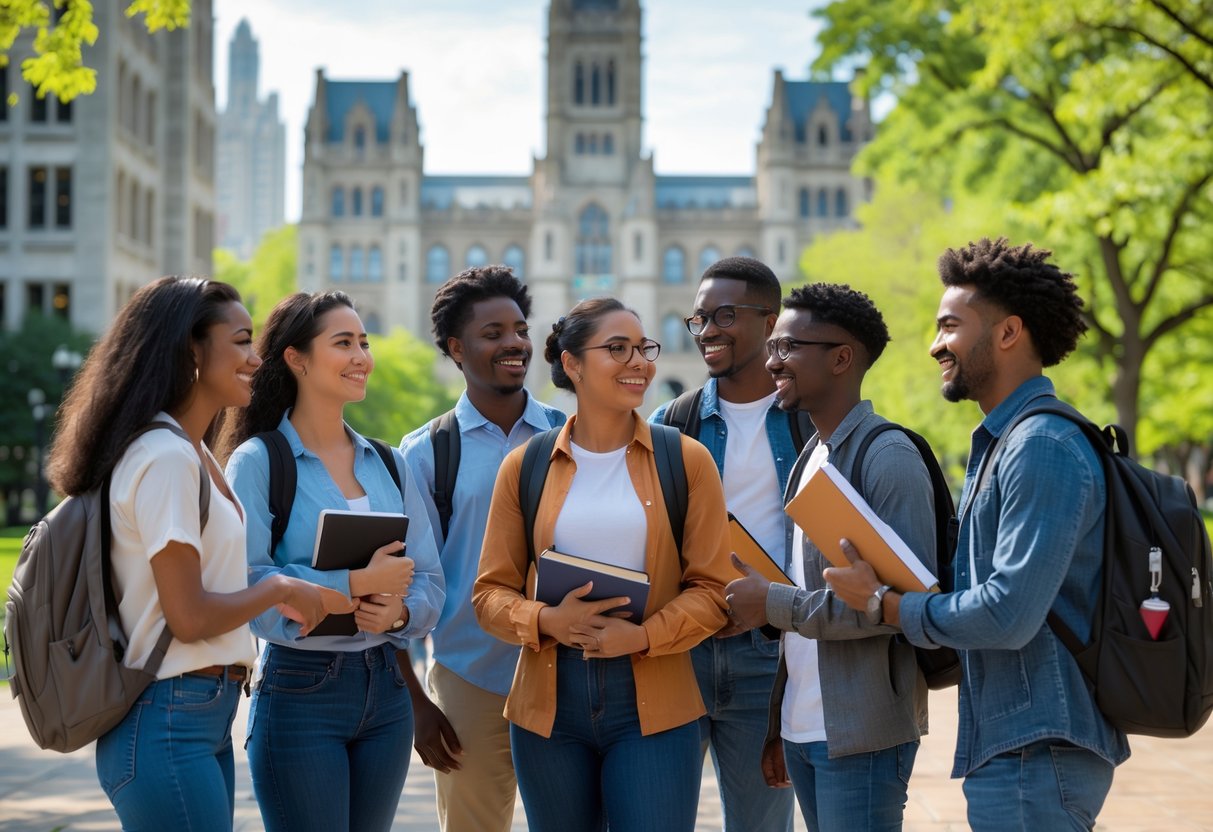 A group of diverse university students standing outside on a sunny day with campus buildings and trees in the background.