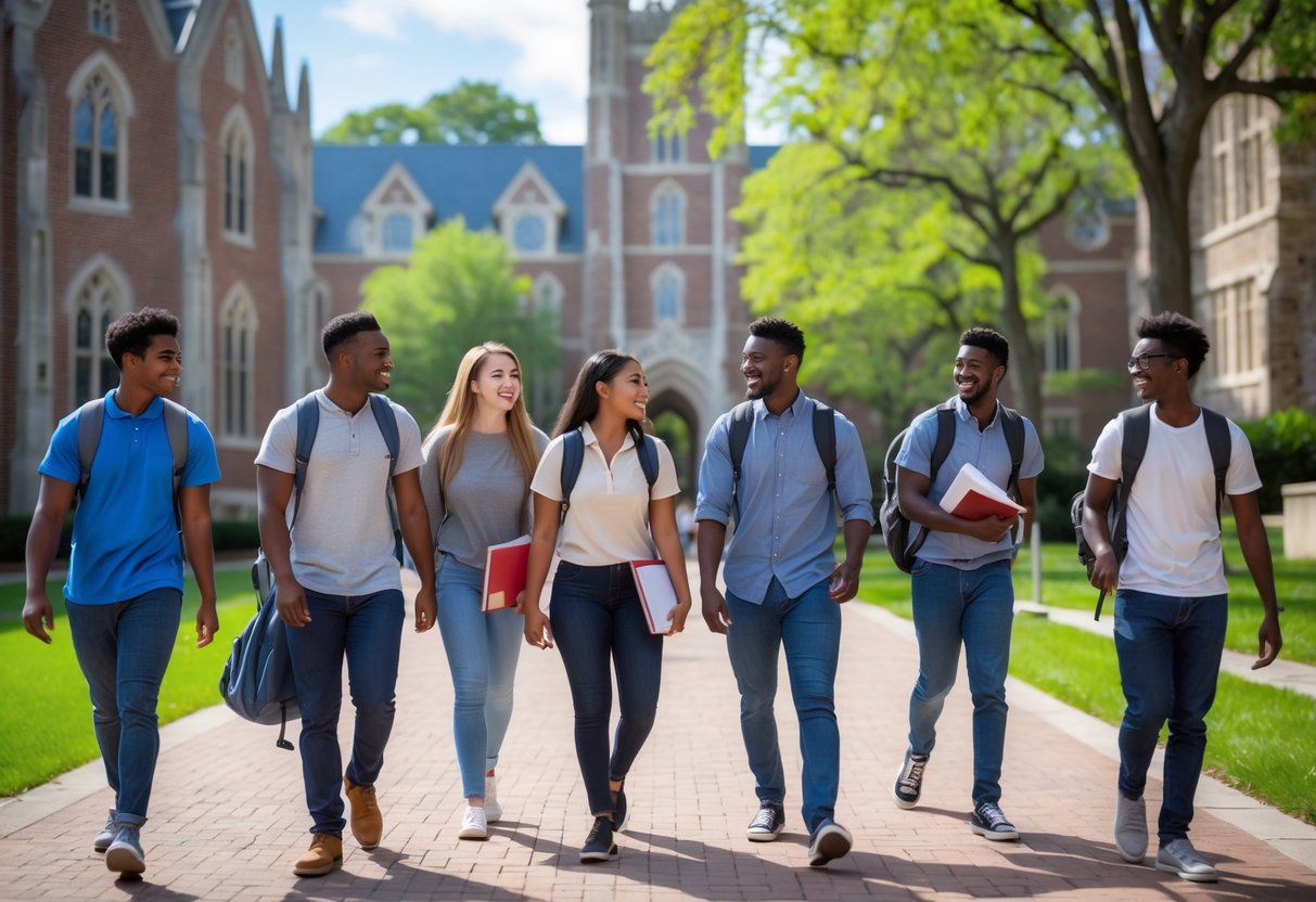 A group of diverse college students walking and talking on a university campus with Gothic-style buildings and trees in the background.