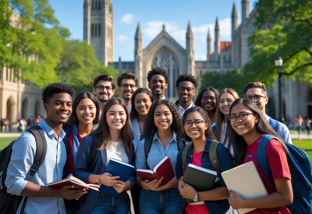 A group of diverse college students smiling and standing together on a university campus with historic buildings and trees in the background.