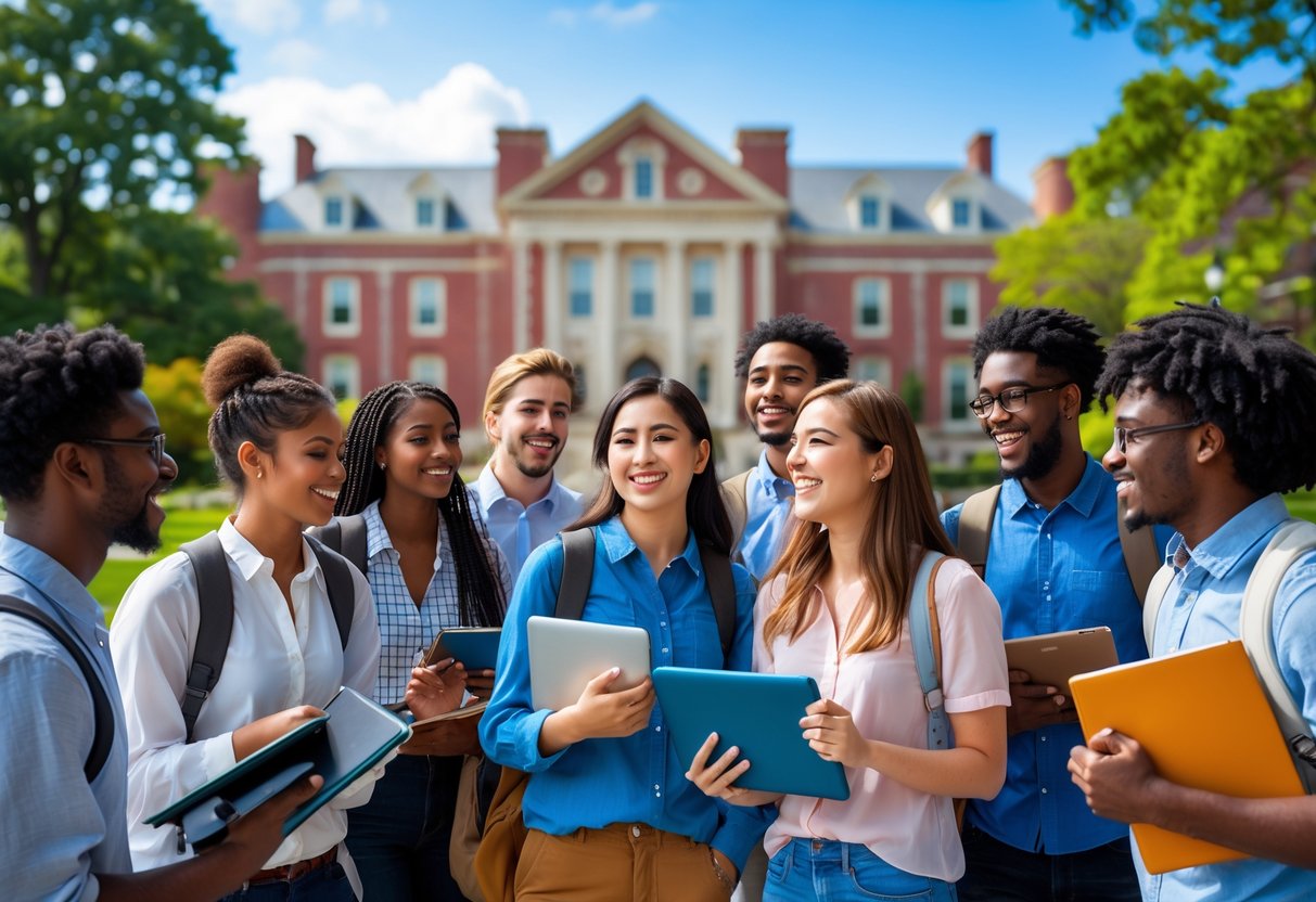 A group of diverse university students talking and studying outside a large historic academic building on a sunny day.