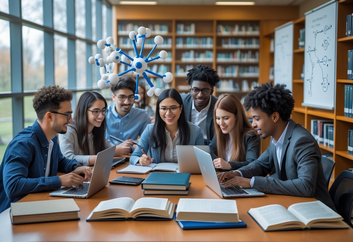 A diverse group of university students studying together in a bright library surrounded by scientific materials and laptops.