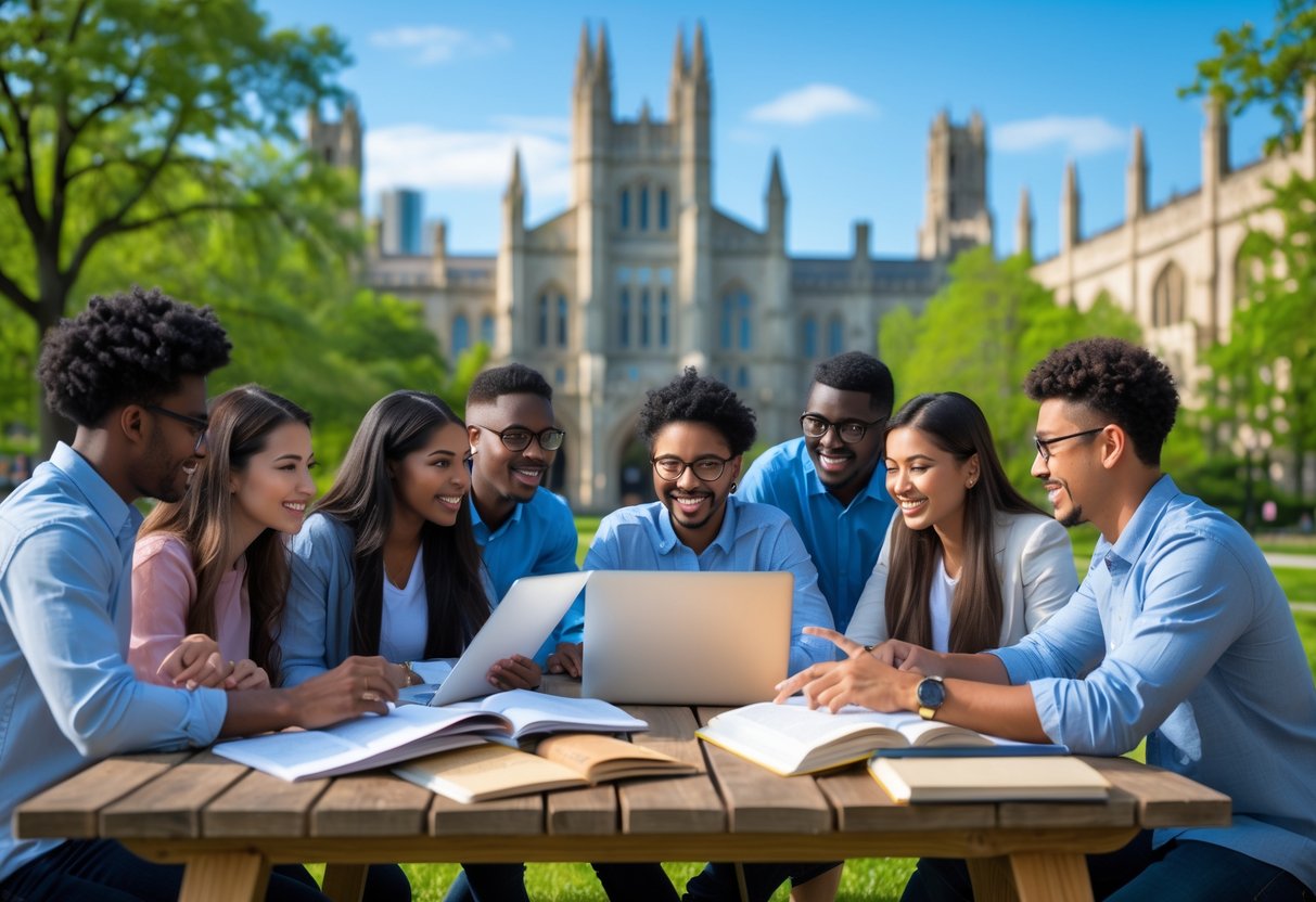A group of diverse graduate students studying together outdoors on a university campus with Gothic-style buildings in the background.