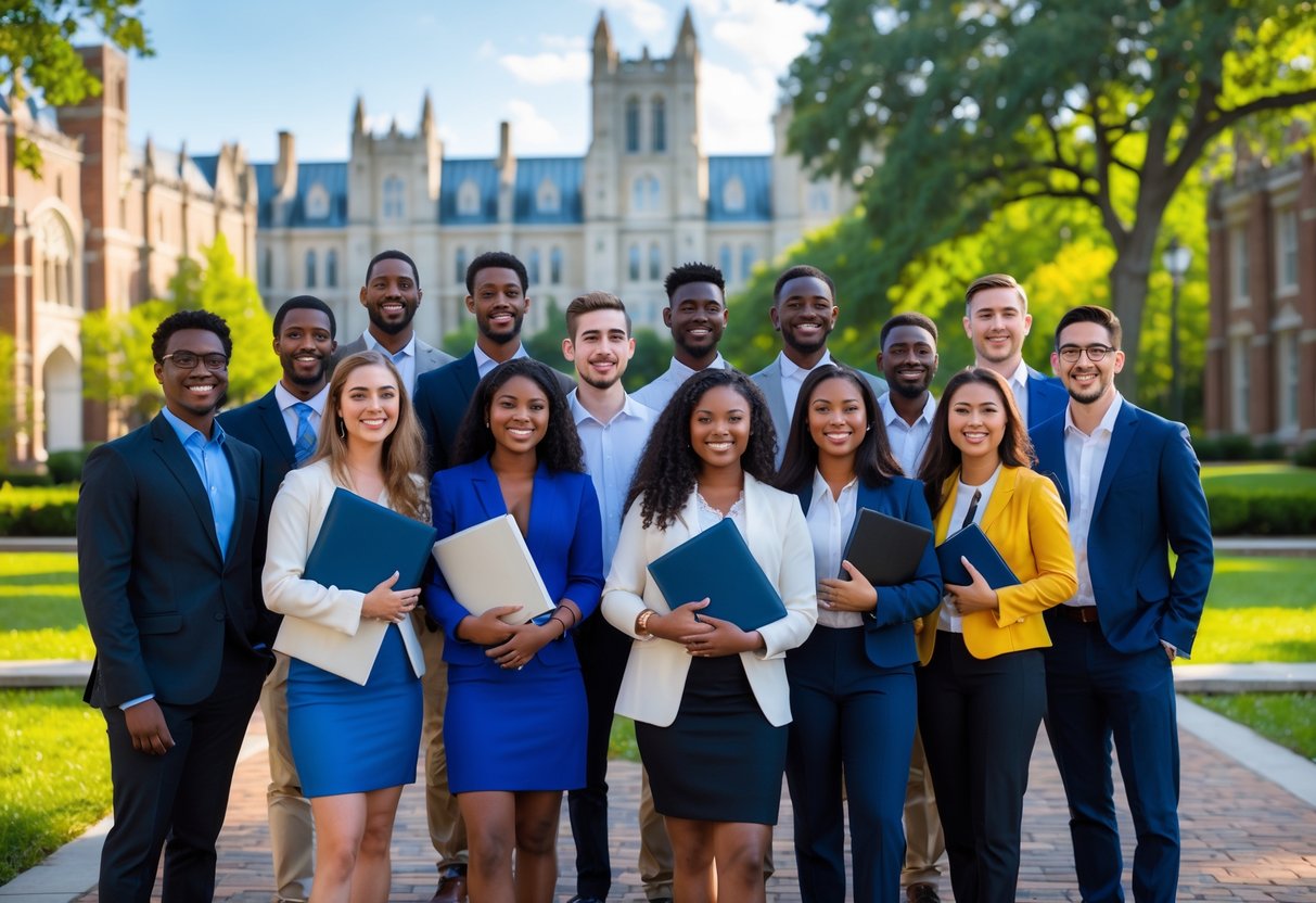 A group of diverse graduate students smiling and holding books outdoors on a university campus with large Gothic-style buildings and trees in the background.