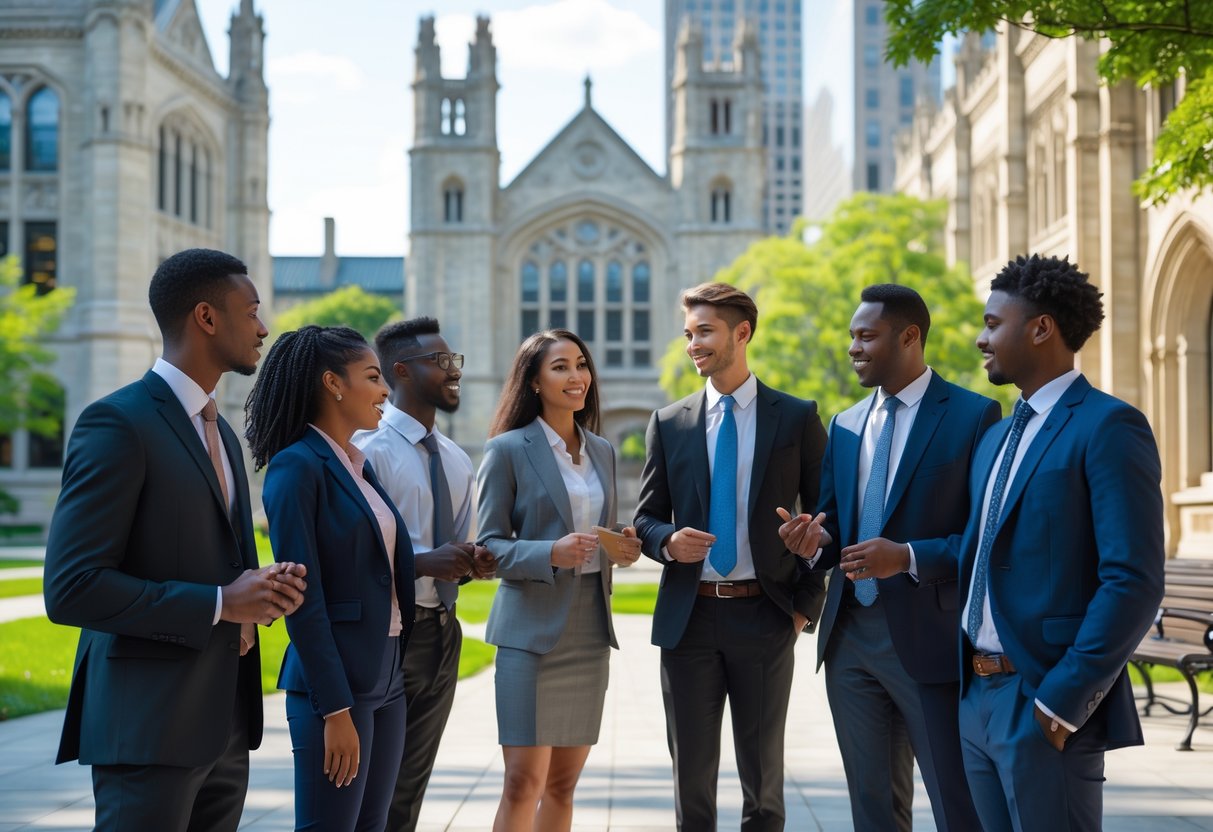 A diverse group of young adults in business attire talking and collaborating outdoors on a university campus with Gothic-style buildings and greenery in the background.