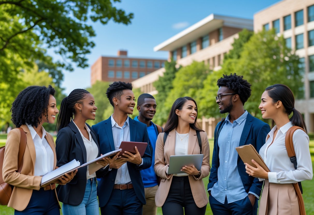 A group of diverse graduate students standing and talking on a university campus with modern buildings and trees in the background.