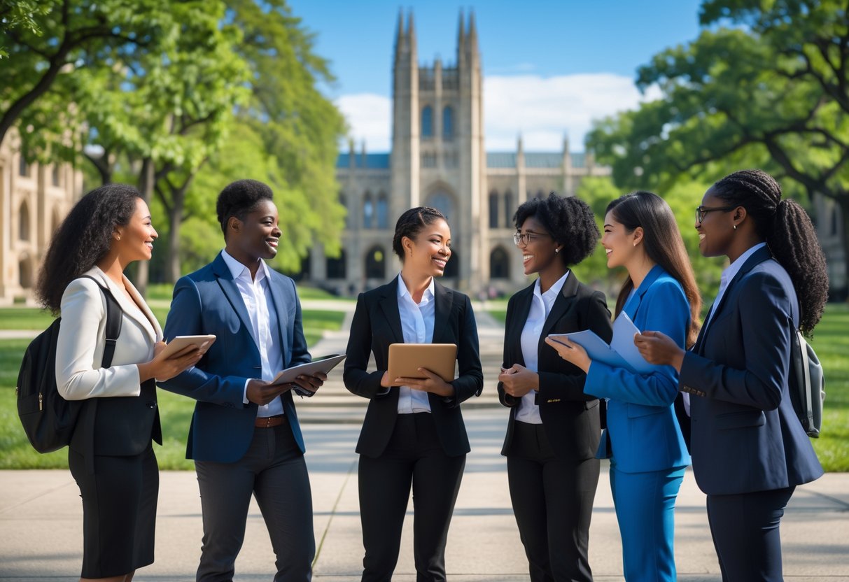 A diverse group of graduate students discussing together on a university campus with Gothic-style buildings and trees in the background.