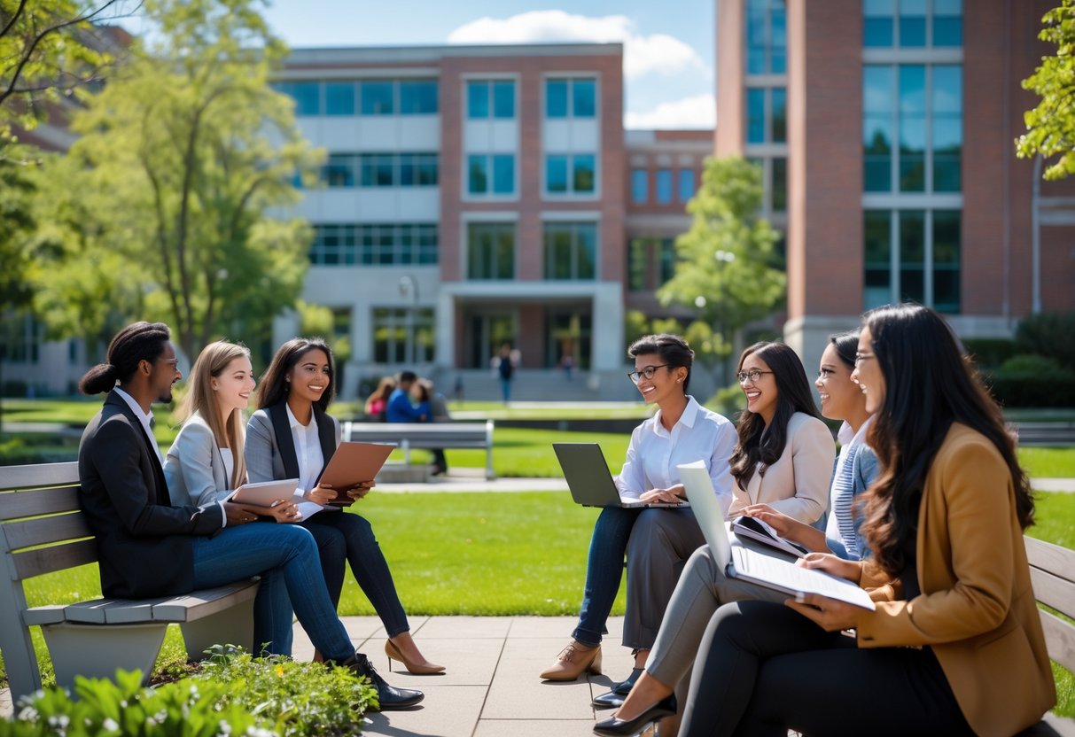 A group of diverse graduate students studying and talking outside a university campus with modern buildings and greenery.
