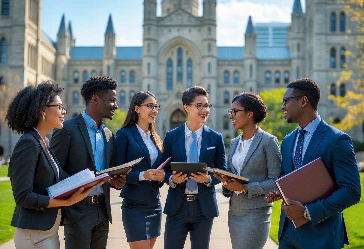 A group of diverse law students studying and talking together outside on a university campus with historic buildings in the background.