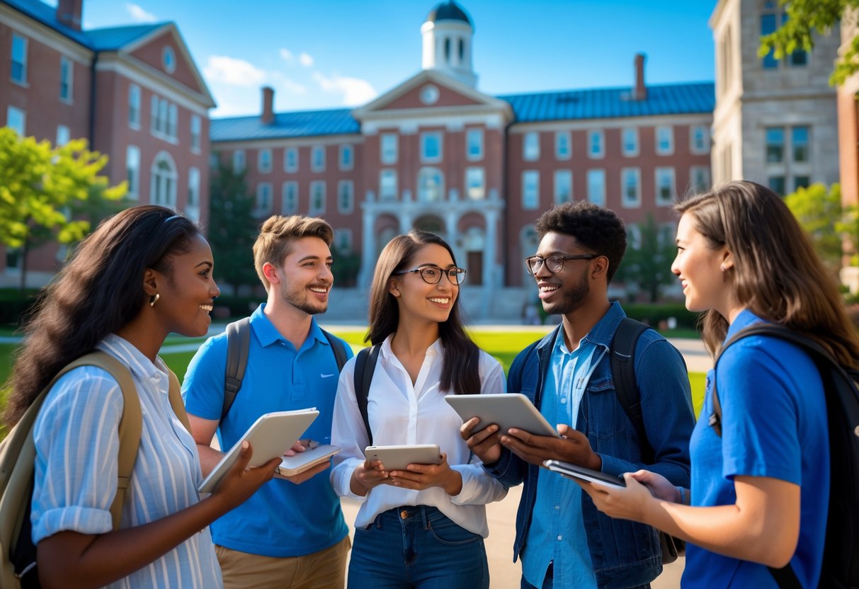 A diverse group of undergraduate students talking and studying together outdoors on Duke University campus with academic buildings and trees in the background.