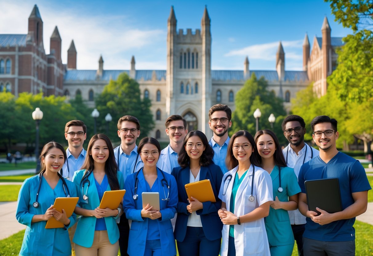 A diverse group of smiling medical students standing together on a university campus with historic buildings in the background.
