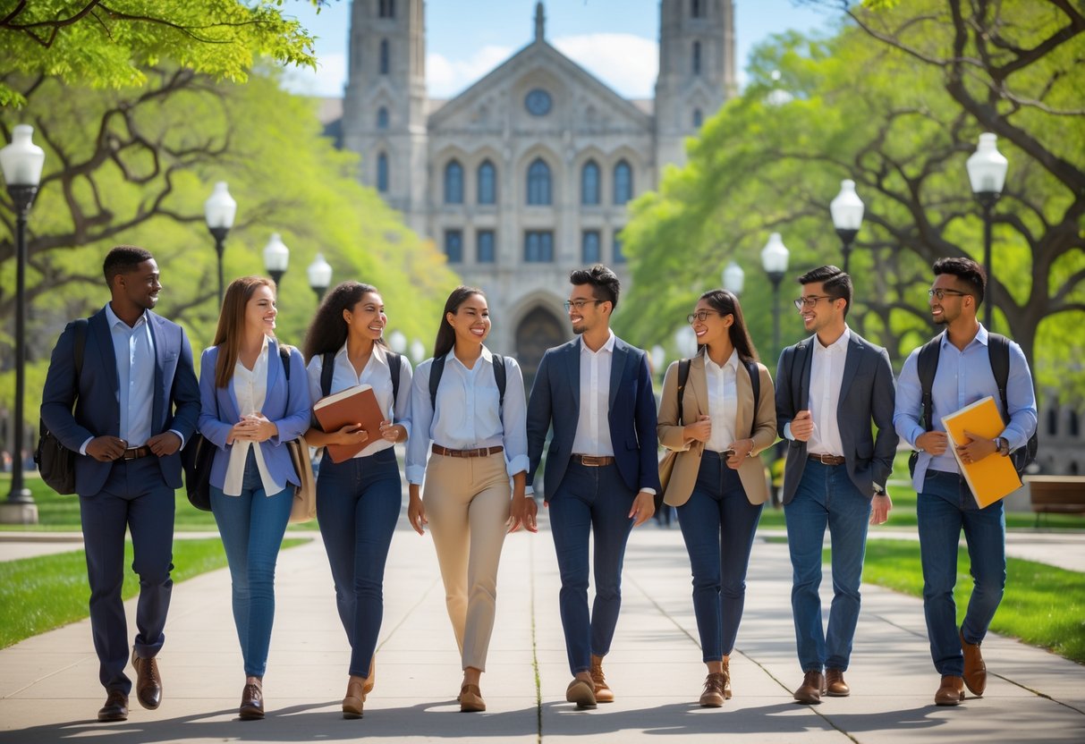 A diverse group of graduate students walking and talking on a university campus with Gothic-style buildings and trees in the background.