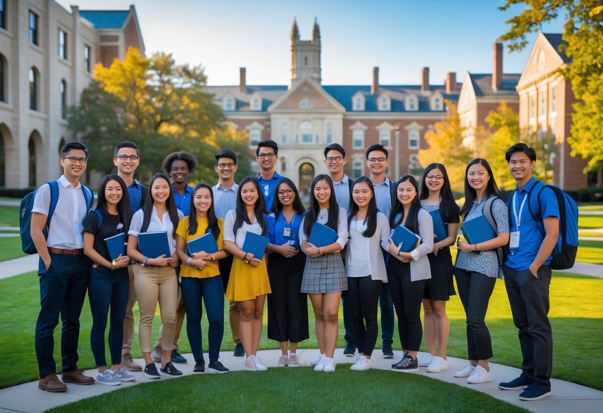 A group of diverse university students standing together outdoors on a university campus with buildings and green lawns in the background.
