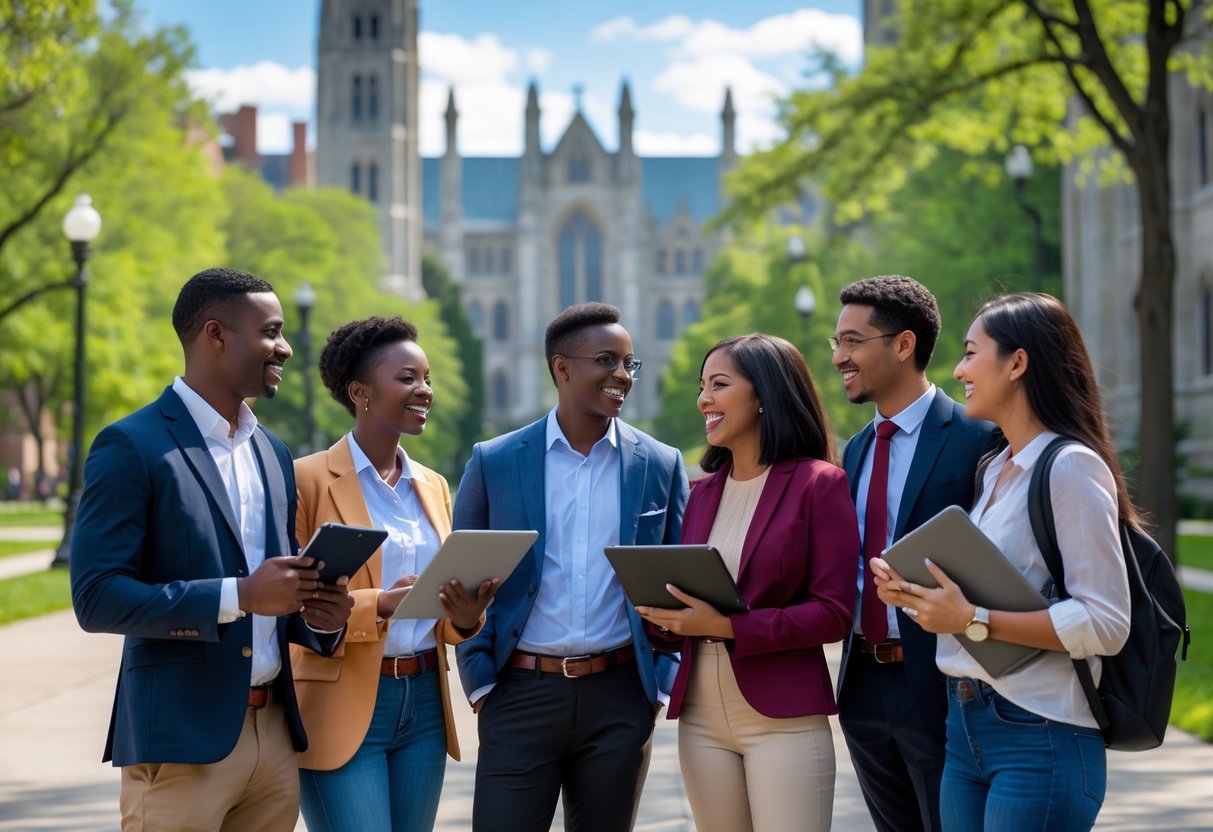 A diverse group of university students talking and studying together outdoors on a university campus with gothic-style buildings and trees in the background.