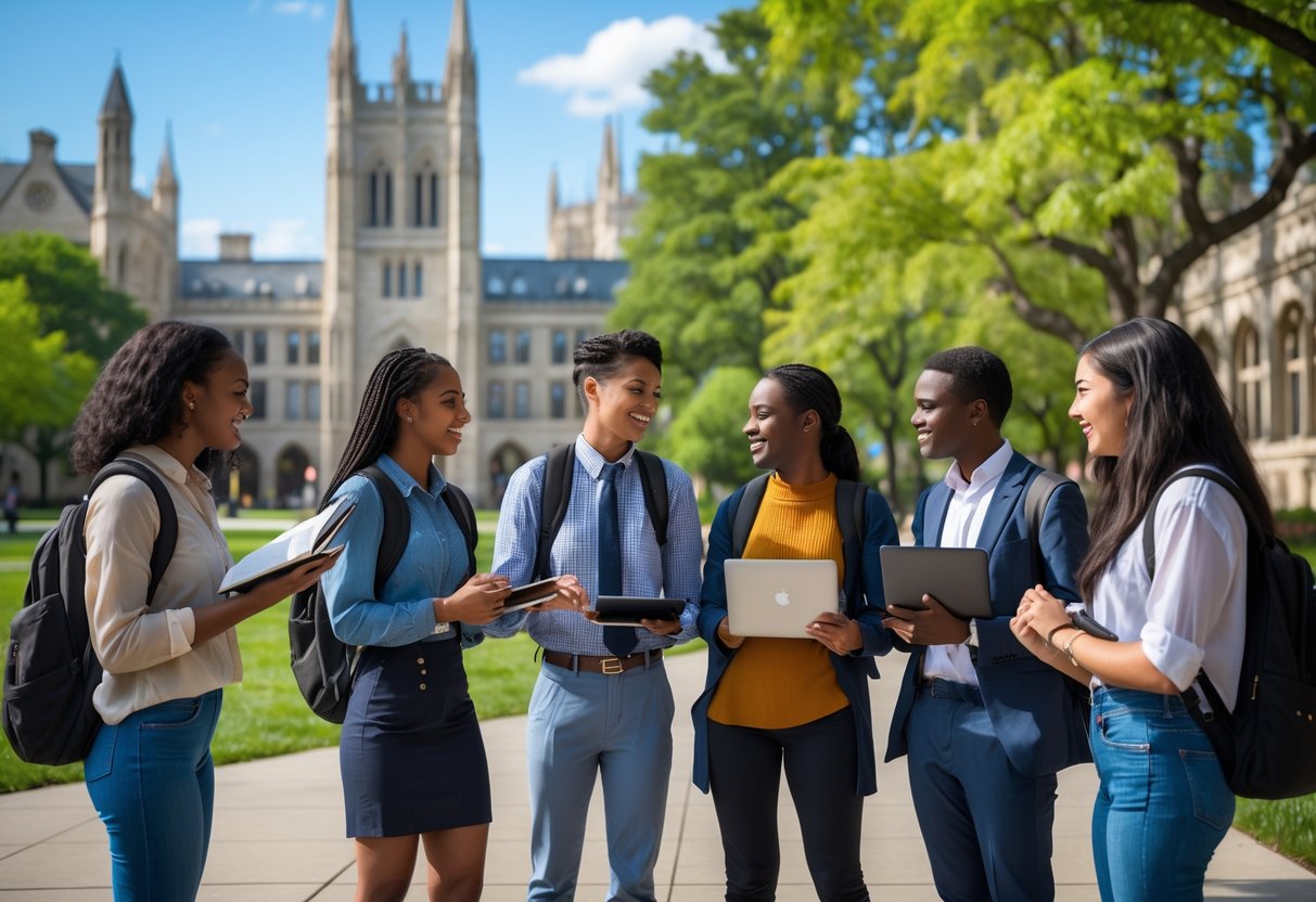 A group of diverse university students studying and talking together outdoors on a university campus with historic buildings and green trees.