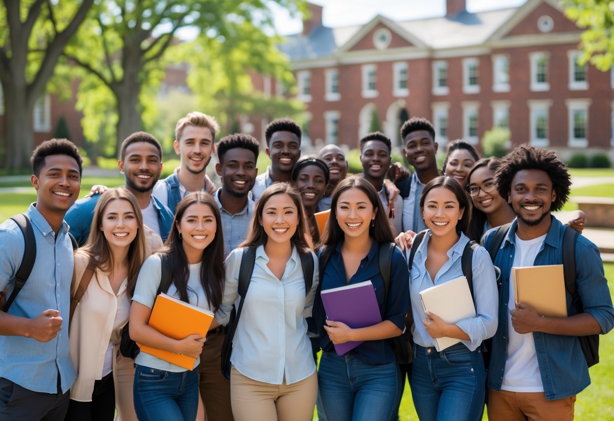 A diverse group of university students smiling and standing together outdoors on a sunny day at a university campus.